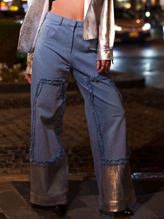 Blue Denim Wide Leg Loose Patchwork Pants image 1