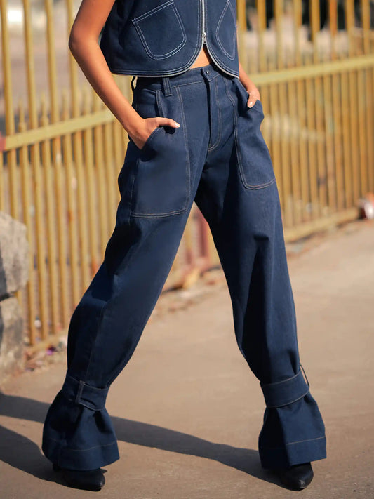 Denim Adjustable Wide Leg Trousers image 1