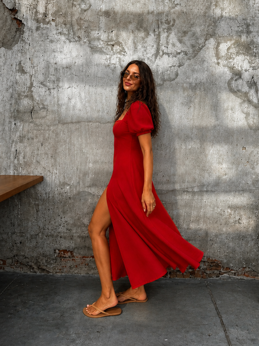 Red Flowy Dress With Slit - Customisable