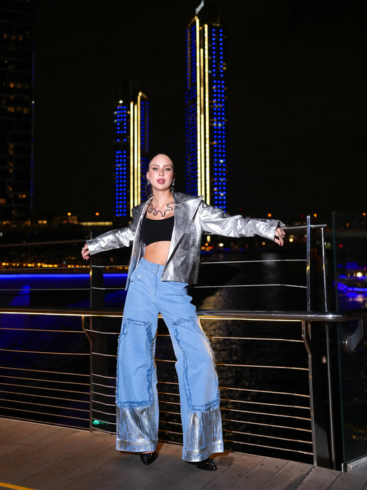 Blue Denim & Metallic Jacket Co-ord Set with Bralette image 1