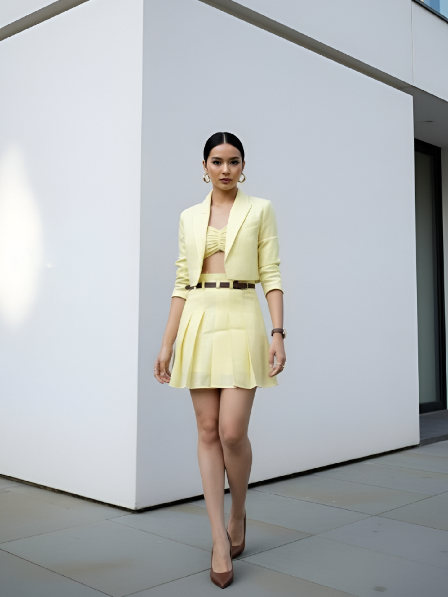 Butter Yellow Short Jacket with Pleated Skirt Set