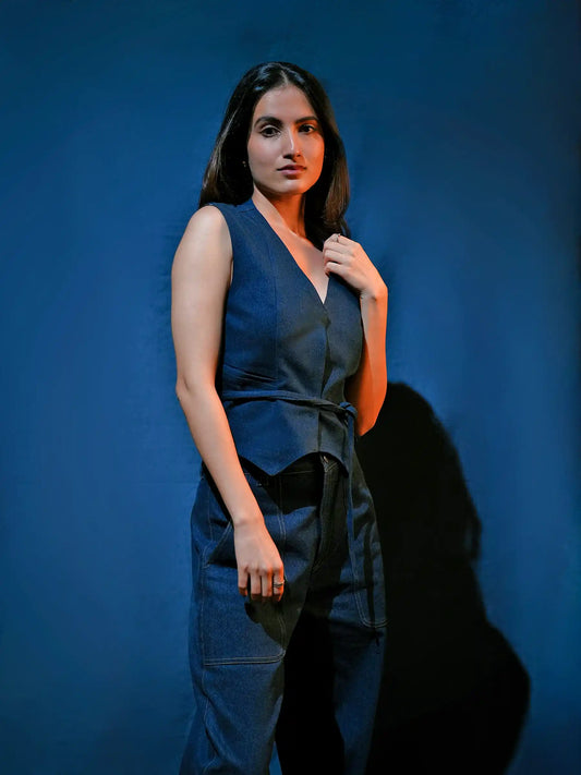 Chic Denim Waistcoat & Wide-Leg Trouser Coord Set image 1