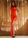 Chic Red Halter Mini Dress with Long Tail image 1