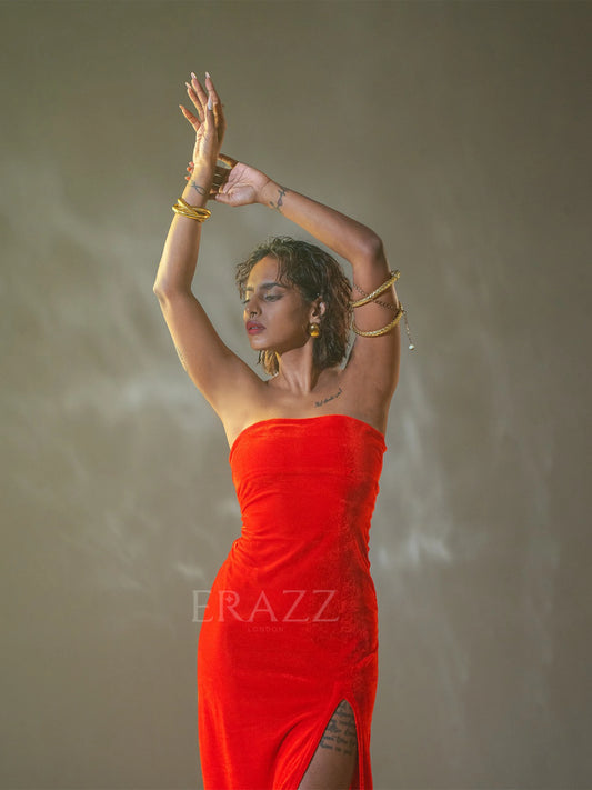 Red Velvet Gown with High Slit image 1