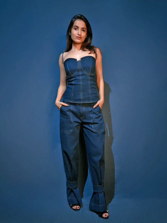 Denim Corset & Wide Leg Trousers Coord Set image 1