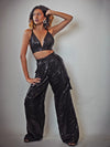 Black Sequin Crop & Bell Bottom Pants Co-ord Set image 3