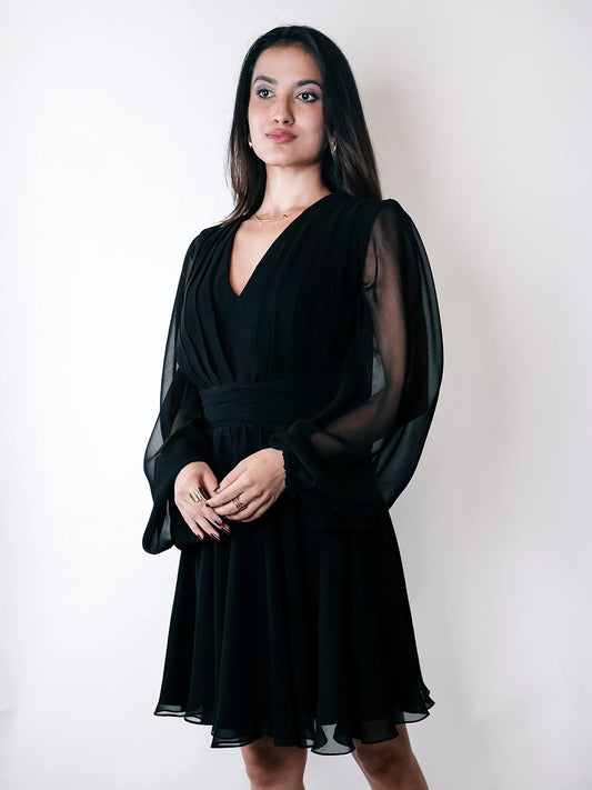 Black Georgette V-Neck Bishop Sleeve Midi Dress image 1
