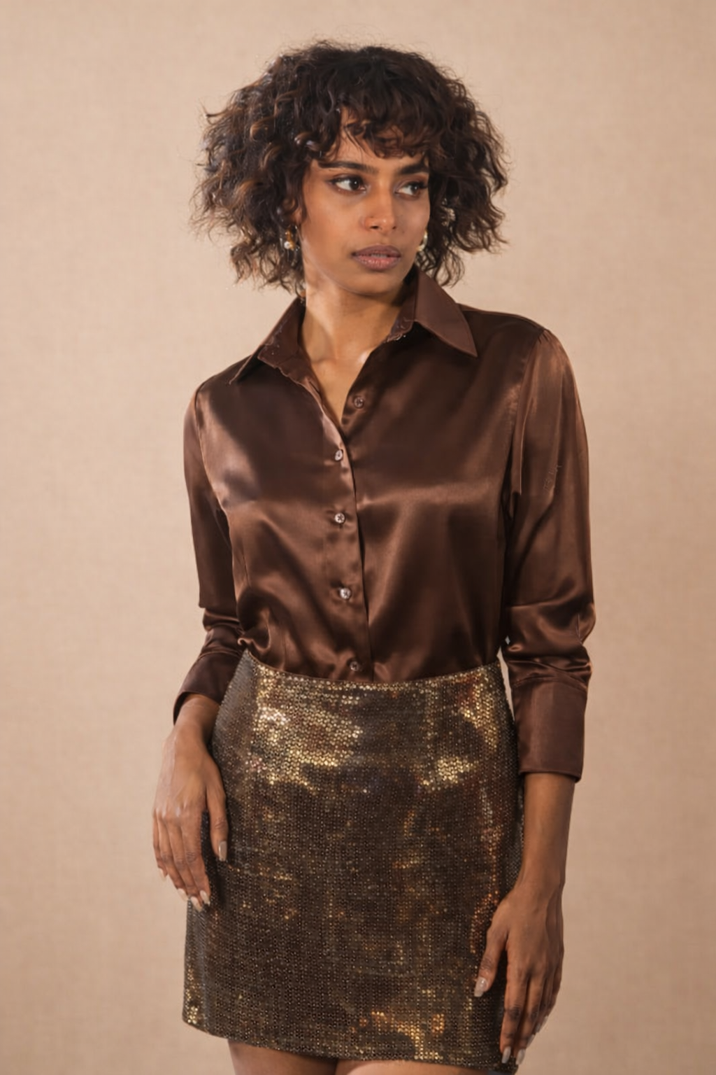 Satin Shirt with Golden Sequin Skirt