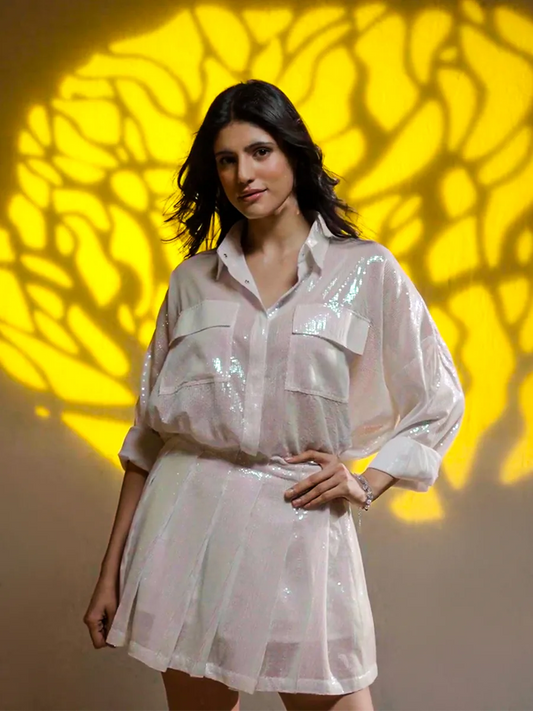 White Sequin Shirt With Pleated Sequin Skirt image 1