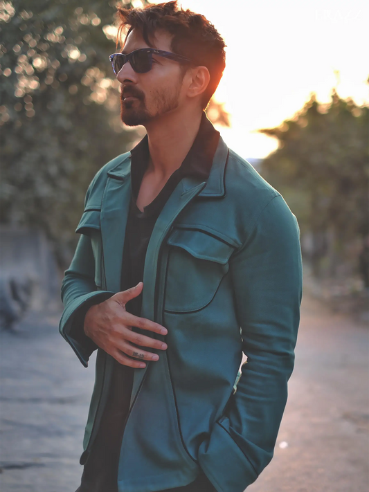 Green Denim Jacket with Black Piping Details image 1