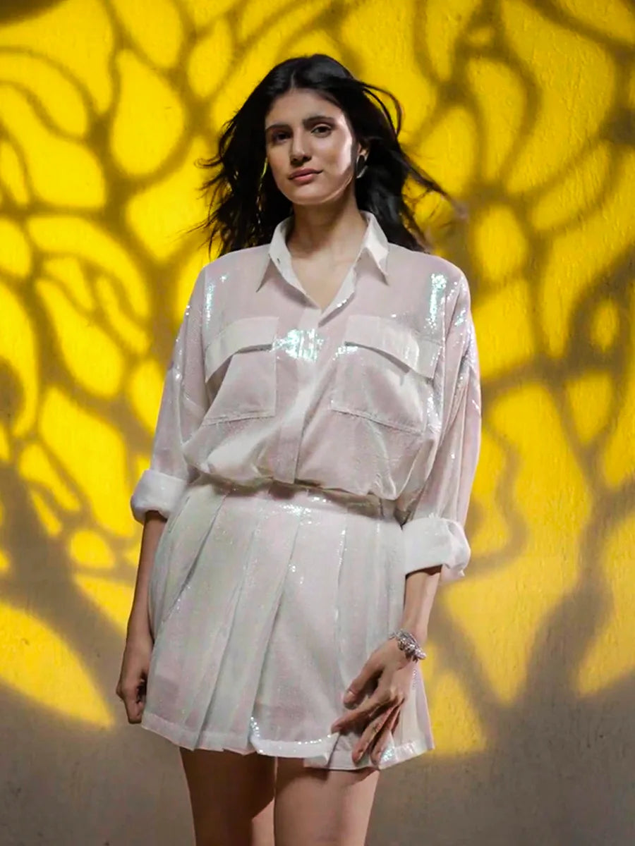 White Sequin Shirt With Pleated Sequin Skirt image 2
