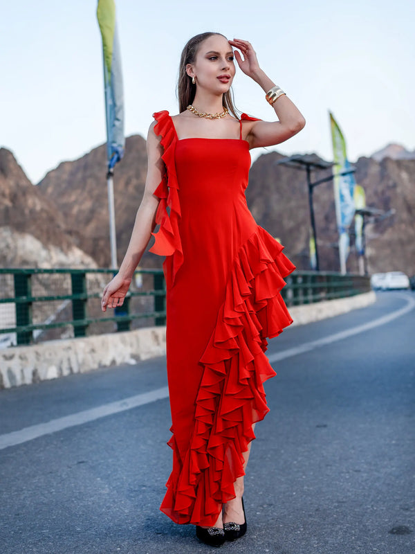 Orange Ruffle High Low Gown