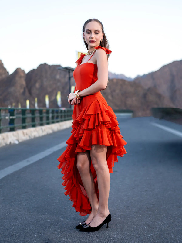 Orange Ruffle High Low Gown