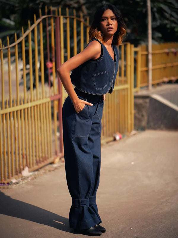 Versatile Denim Co-Ord Set with Convertible Top & Adjustable Jeans