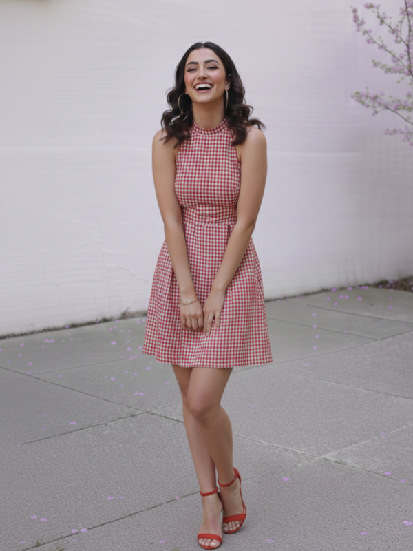 Red Check Halter Mini dress