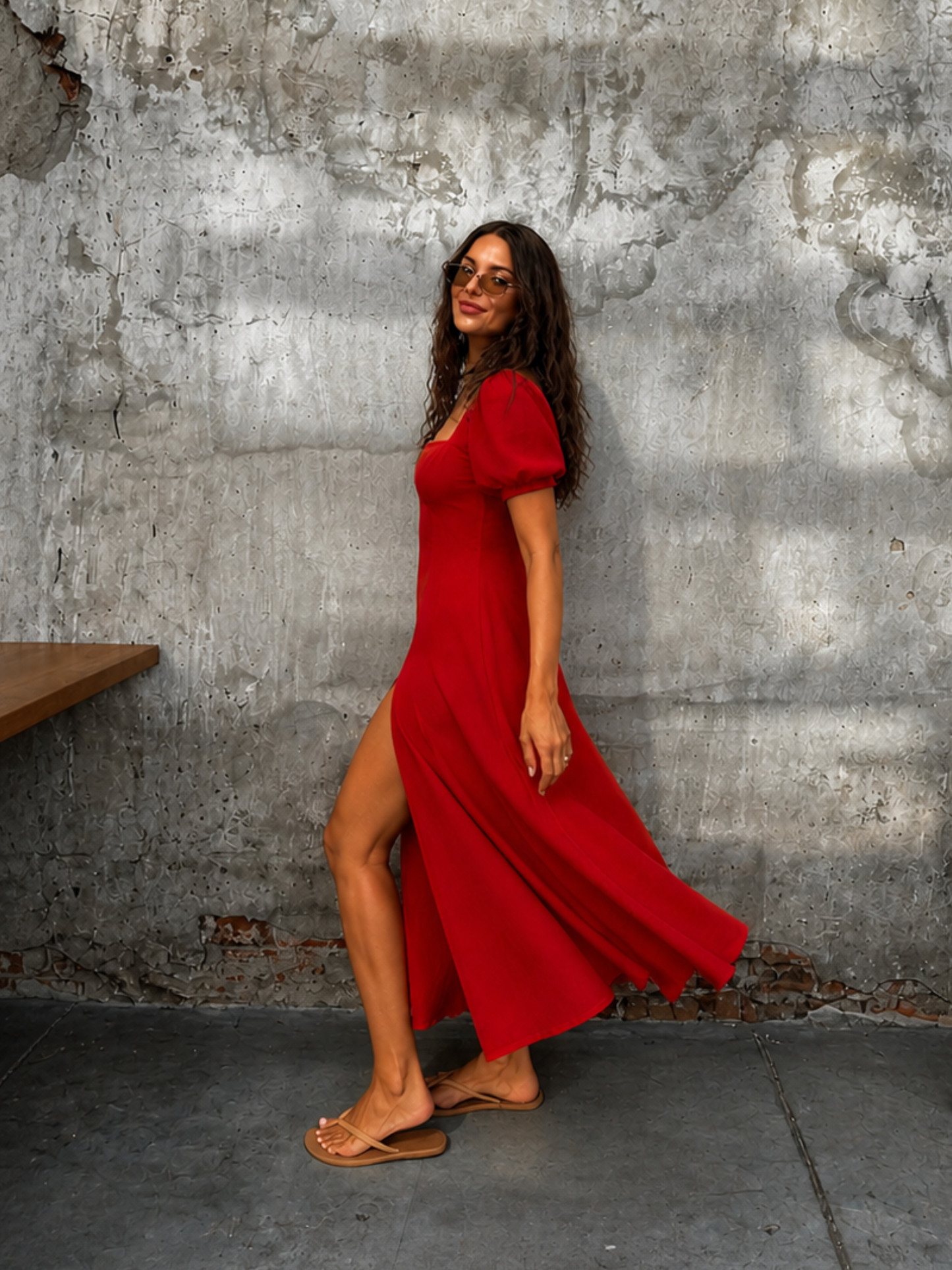 Red Flowy Dress With Slit - Customisable