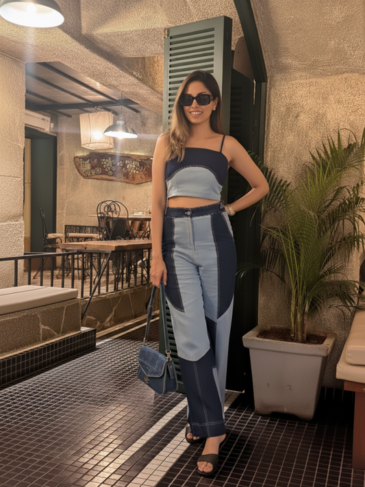 Abstract Patchwork Denim Coord