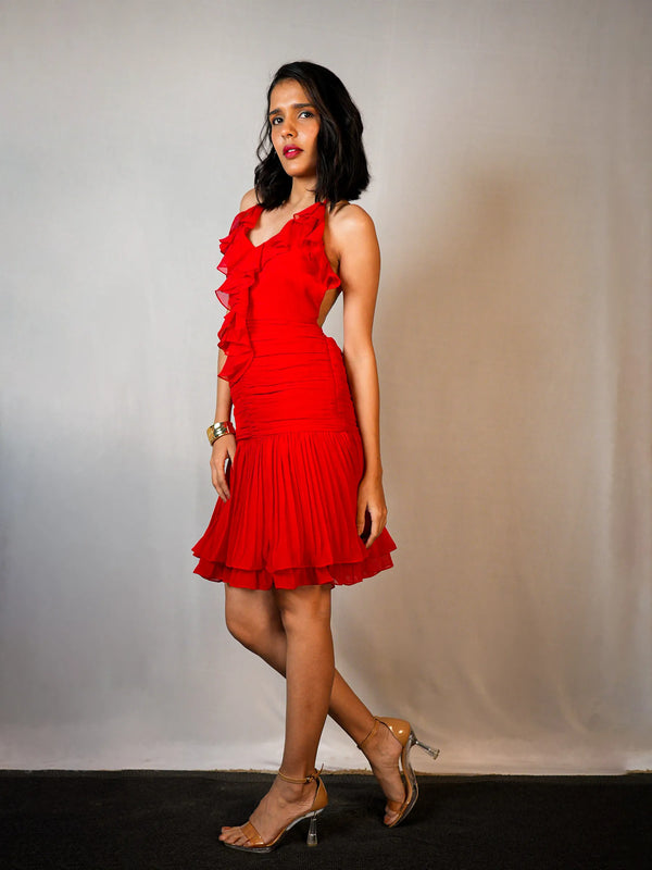 Ruffle Ruched Georgette Dress