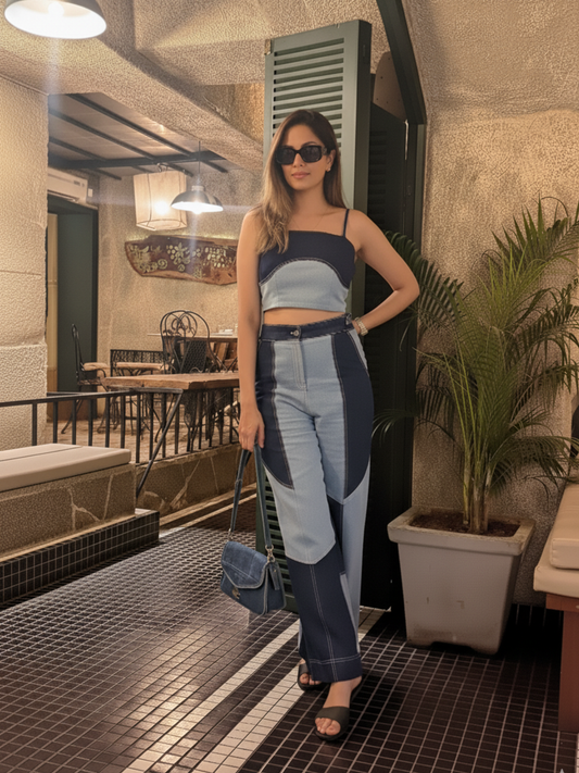 Abstract Patchwork Denim Coord