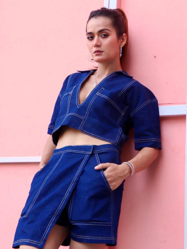 Urban Structured Denim Skorts and Loose Shirt