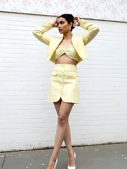 Butter Yellow Short Jacket & Mini Skirt Set