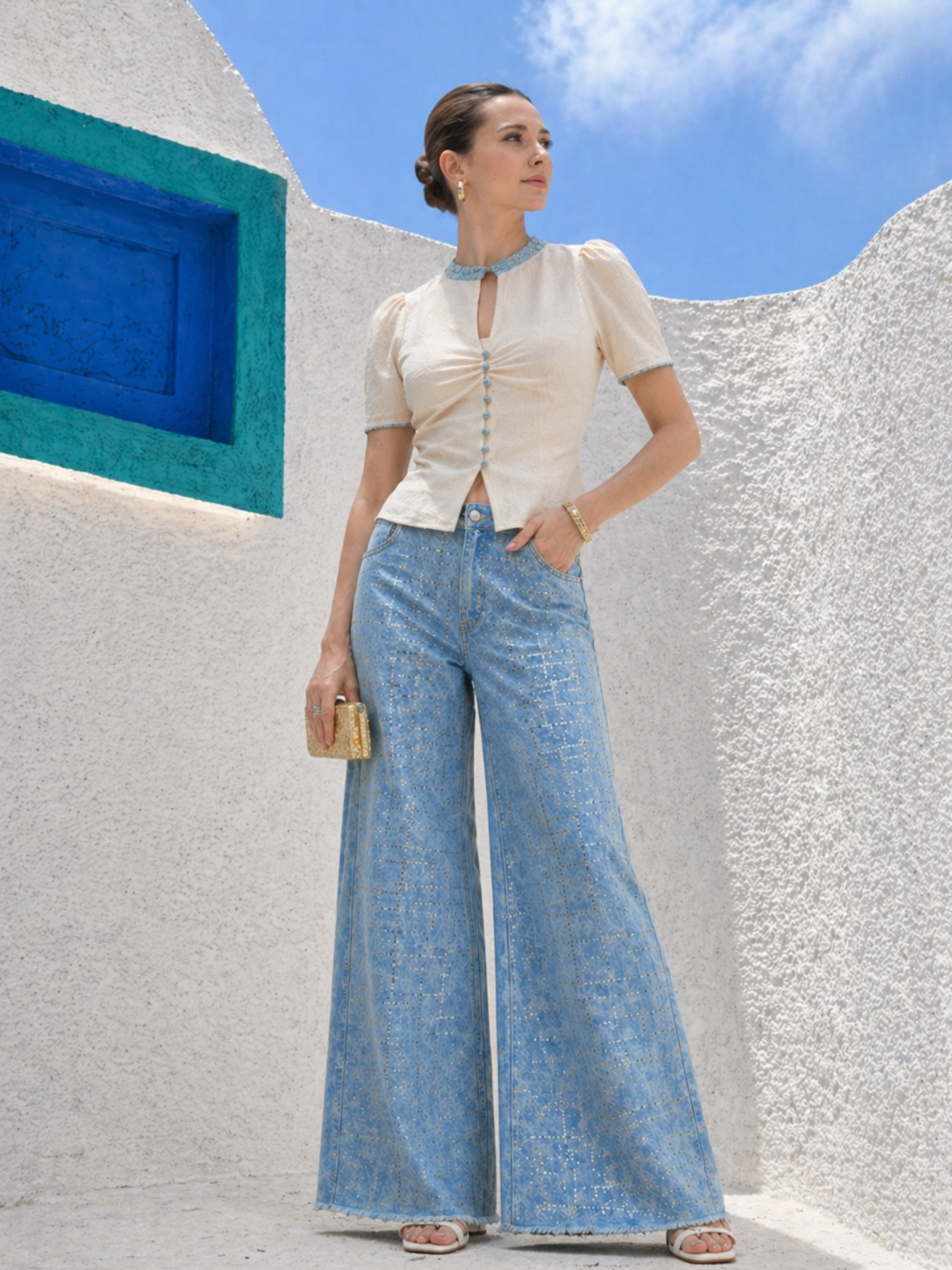 Sequin Denim Pants With Corset Fitted Top