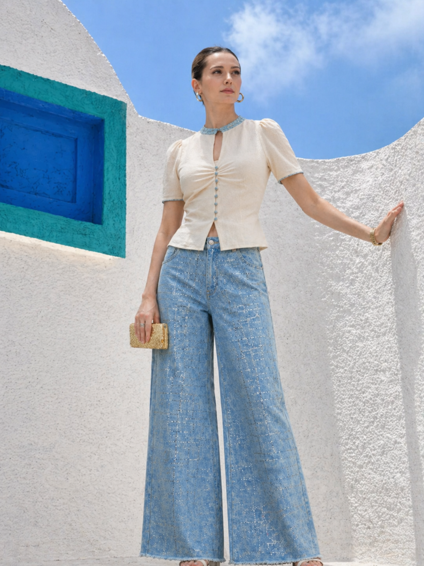 Sequin Denim Pants With Corset Fitted Top