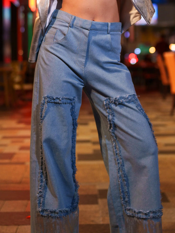 Blue Denim Wide Leg Loose Patchwork Pants