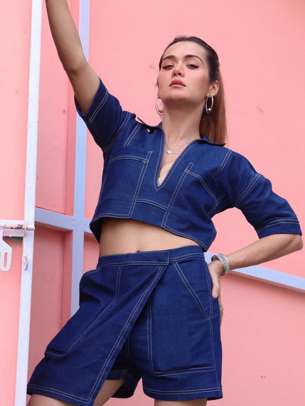 Urban Structured Denim Skorts and Loose Shirt