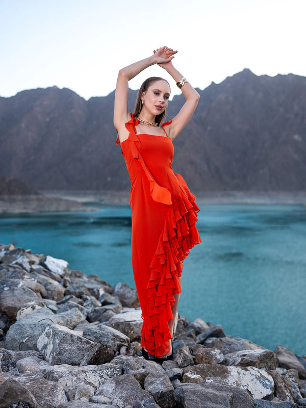 Orange Ruffle High Low Gown