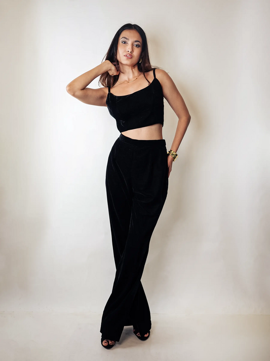 Black Velvet Crop & Bell Bottom Pants Co-ord Set image 0