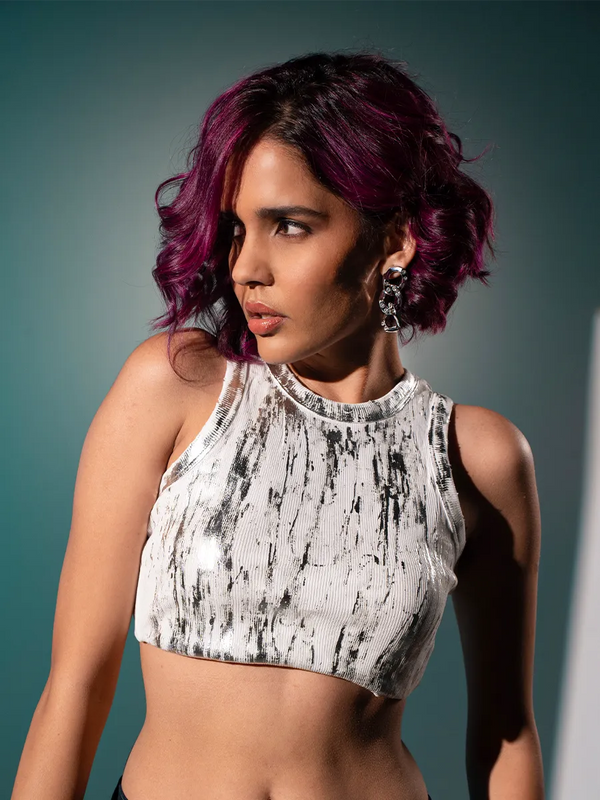 White Ribbed Silver Tank Top