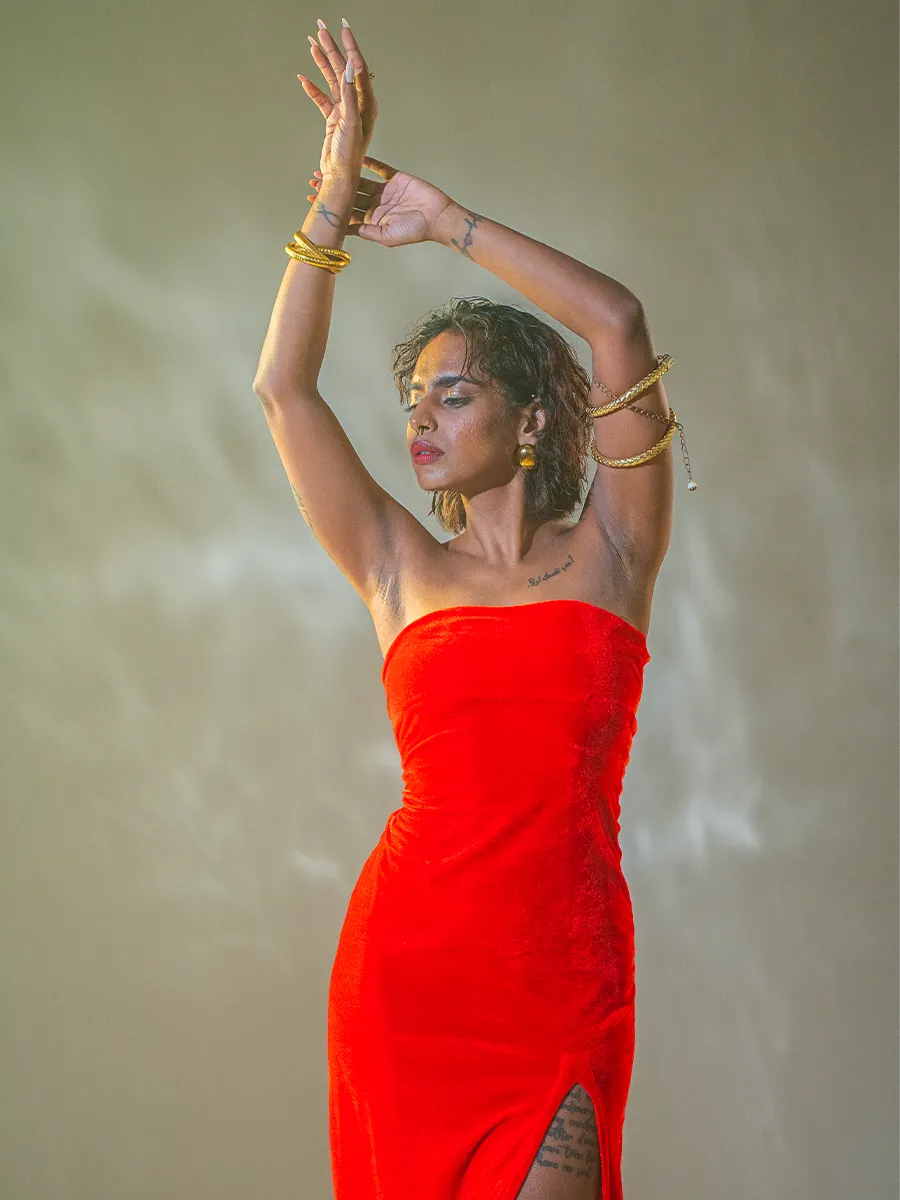 Red Velvet Gown with High Slit image 5