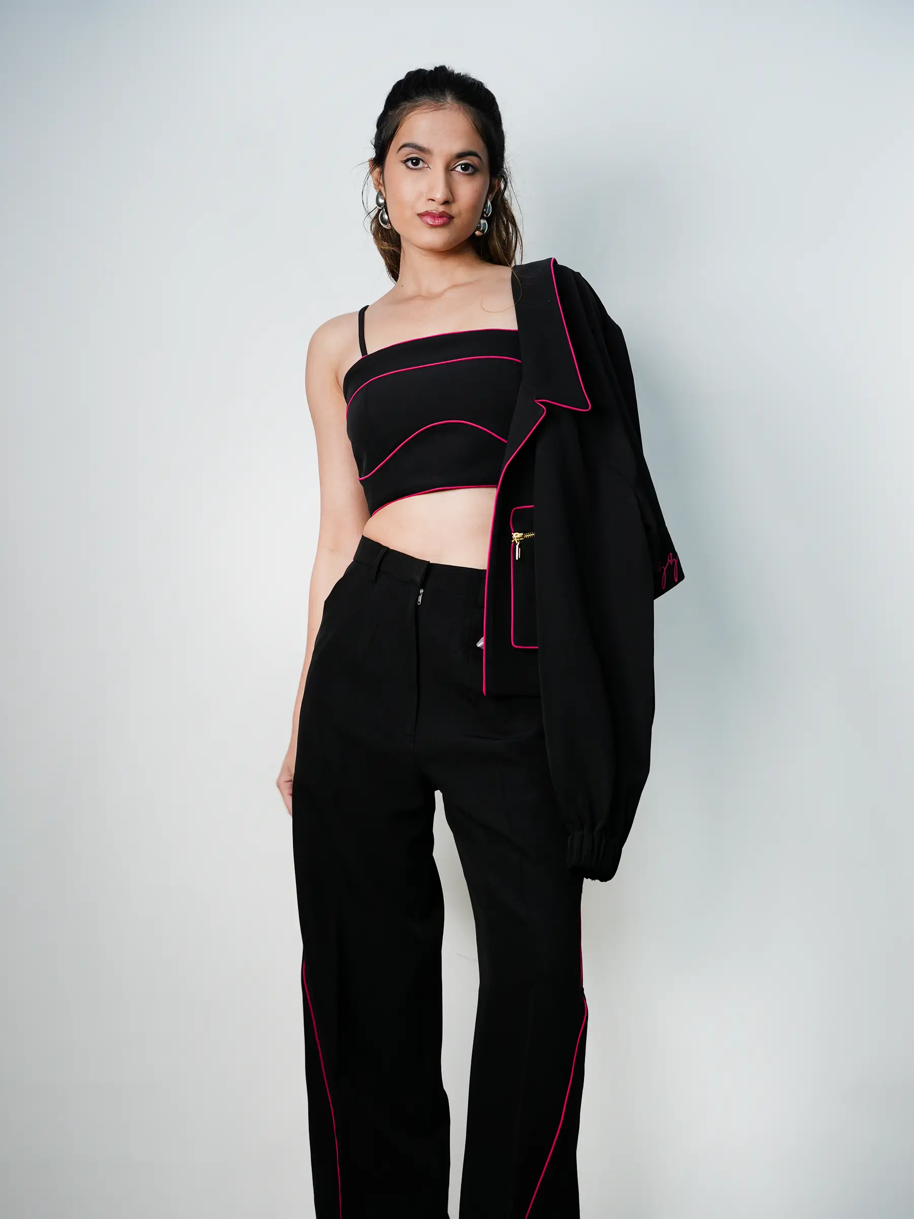 Black & Pink Piping Short Jacket image 3