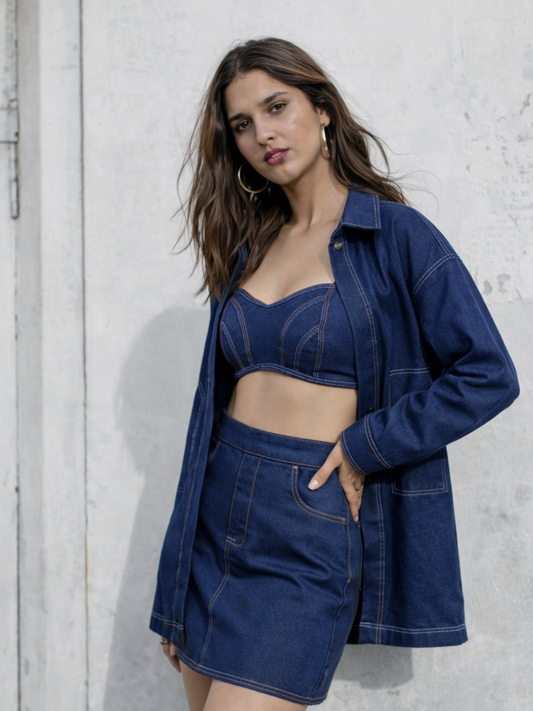 Denim 3psc coord set with Oversized Shirt