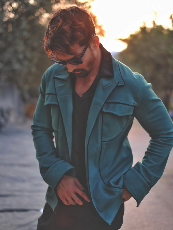 Green Denim Jacket with Black Piping Details