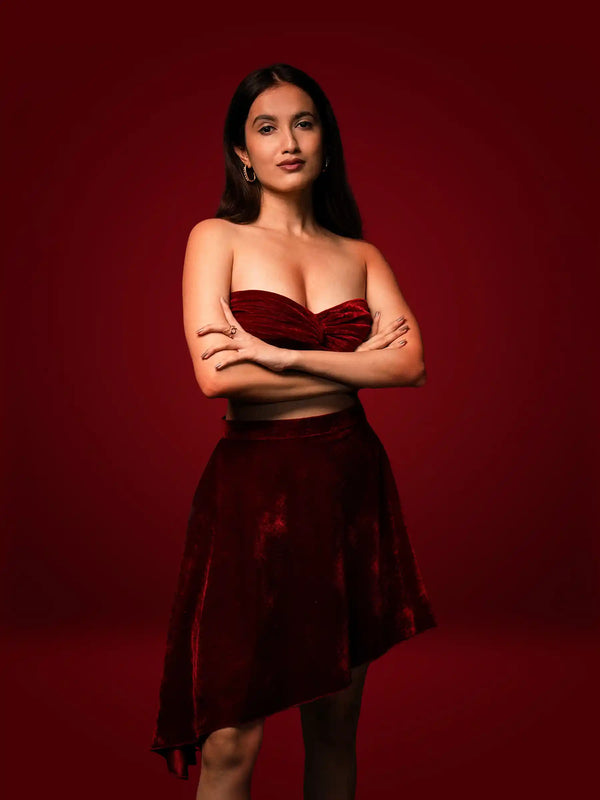 Velvet Twisted Top & High Low Flared Skirt Coord Set