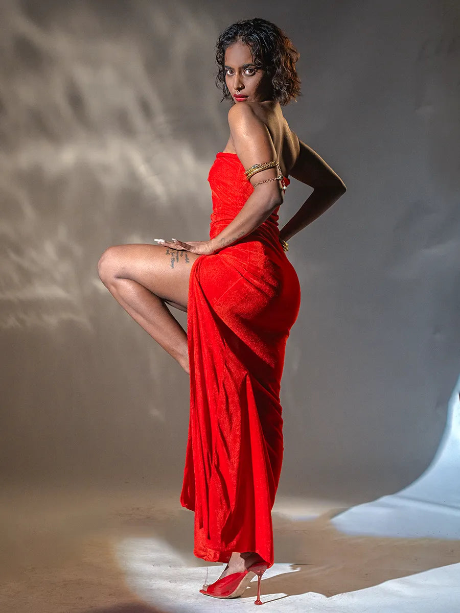 Red Velvet Gown with High Slit image 4