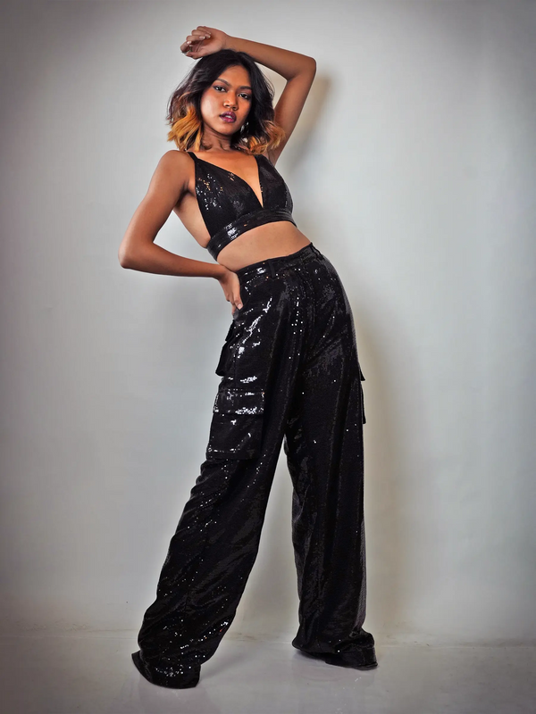Black Sequin Crop & Bell Bottom Pants Co-ord Set