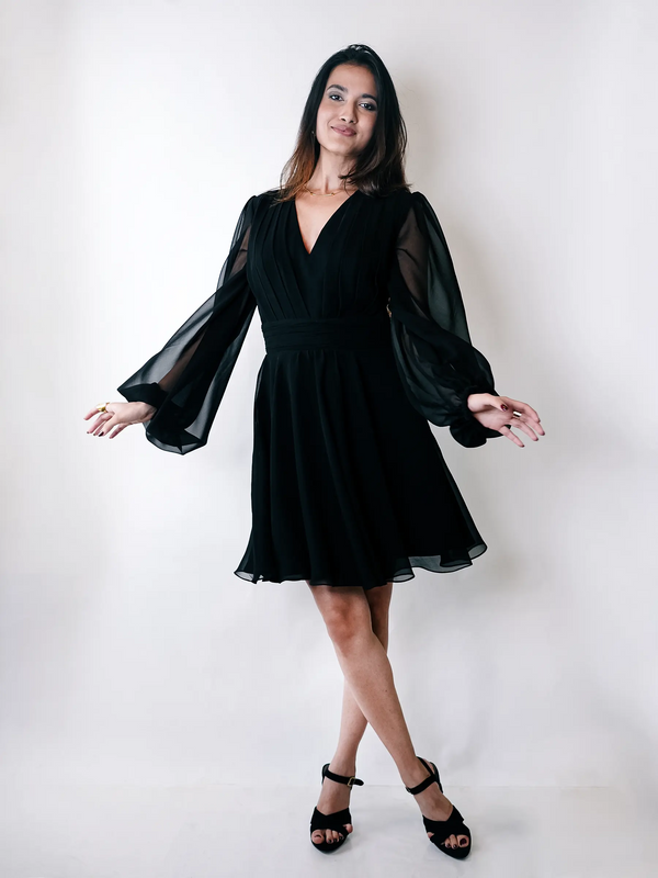 Black Georgette V-Neck Bishop Sleeve Midi Dress
