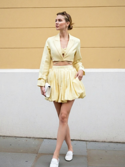 Butter Yellow Short Jacket & Bubble Skirt Set