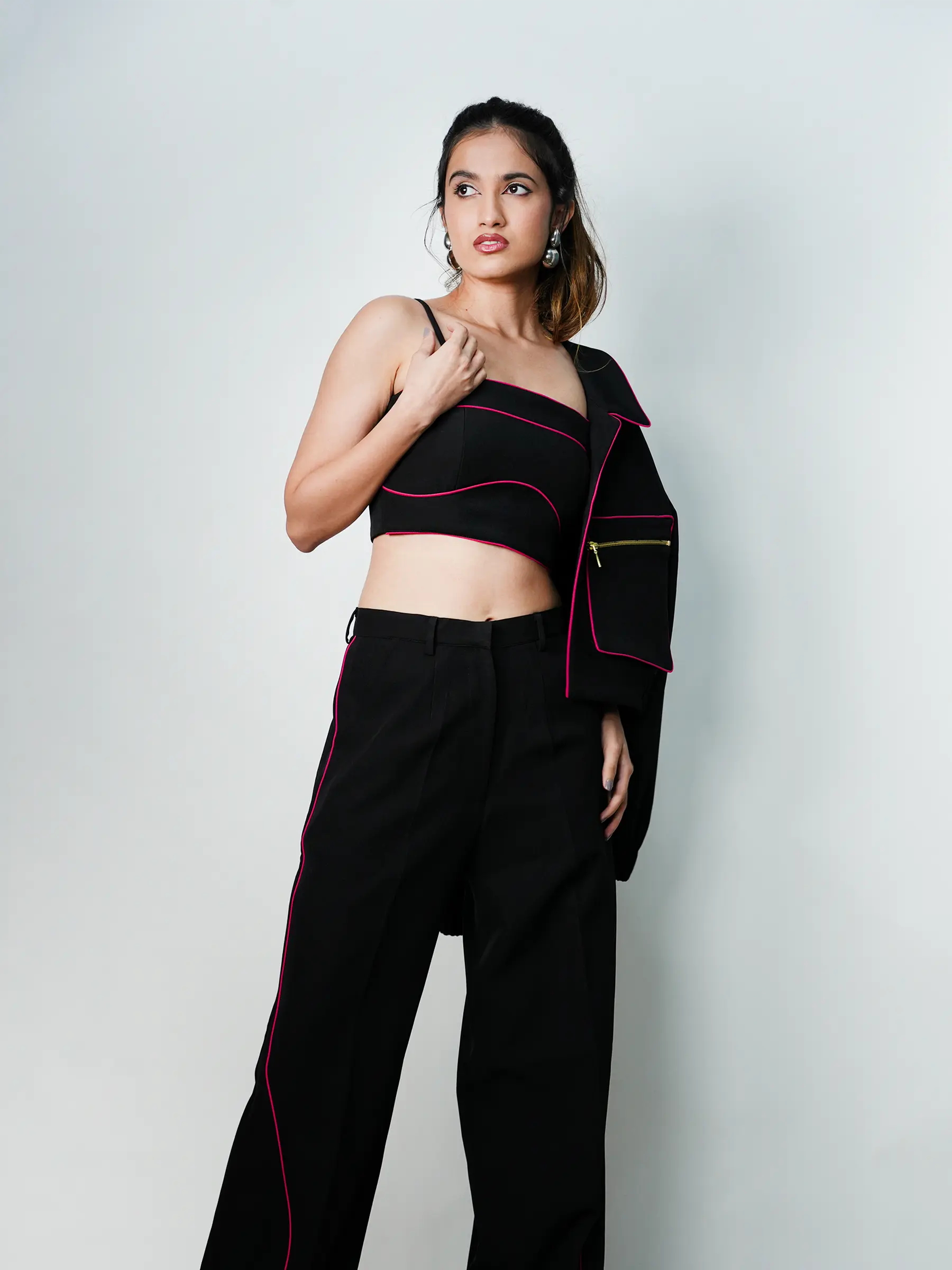 Black & Pink Piping Short Jacket image 5