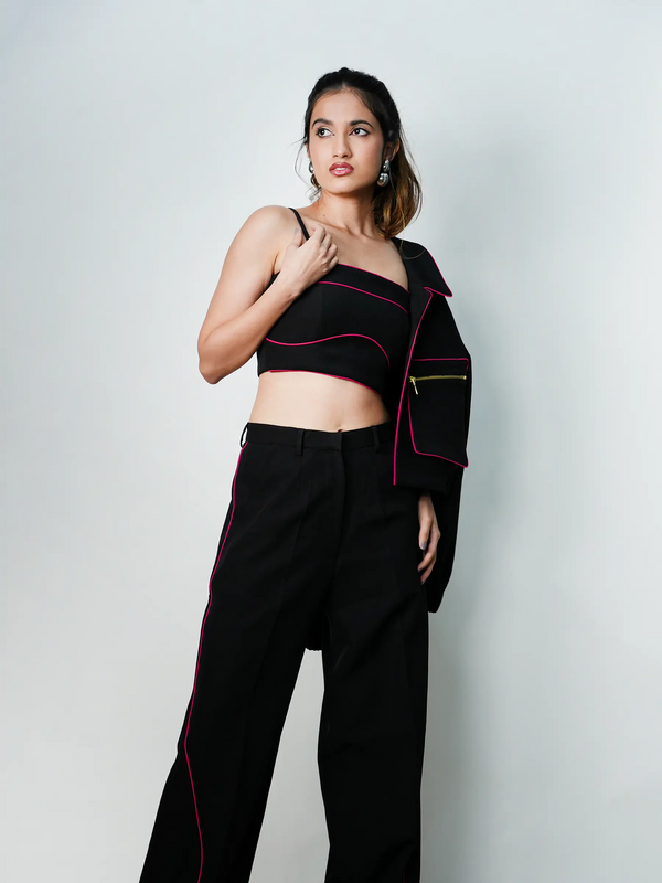 Black & Pink Piping Short Jacket