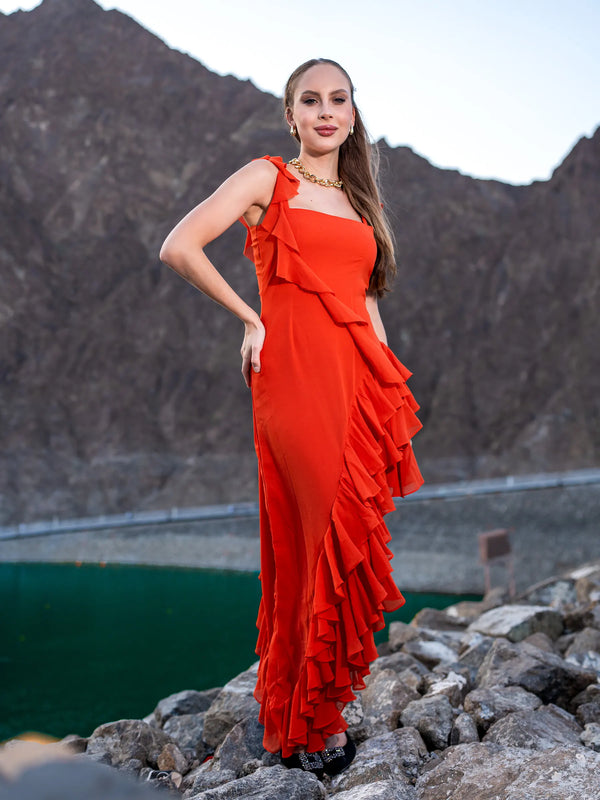 Orange Ruffle High Low Gown