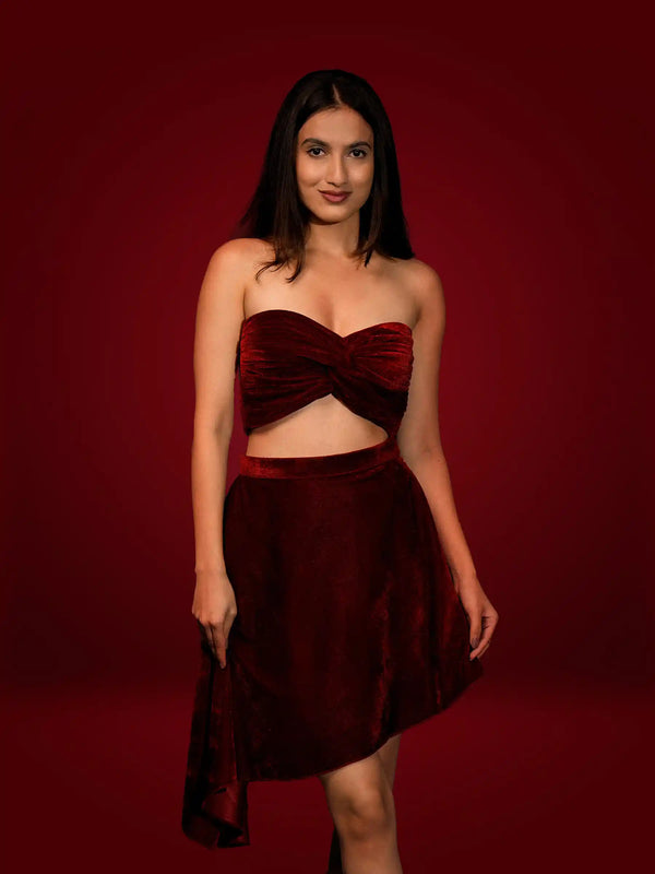 Velvet Twisted Top & High Low Flared Skirt Coord Set