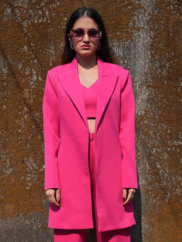 3 Piece Hot Pink Semi Formal Blazer with Crop Top and Trousers