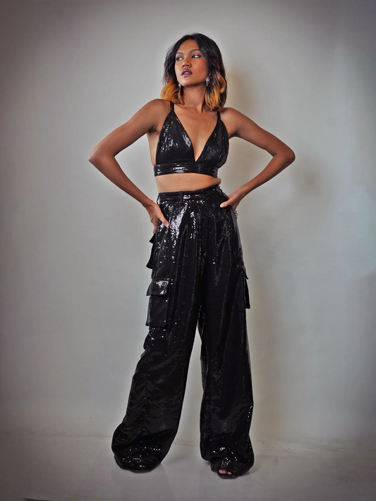 Black Sequin Crop & Bell Bottom Pants Co-ord Set image 0