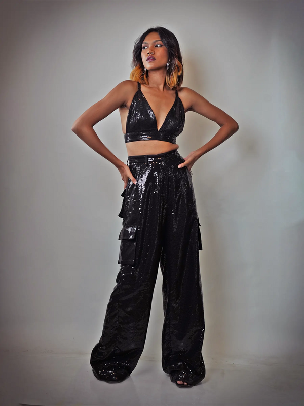 Black Sequin Crop & Bell Bottom Pants Co-ord Set