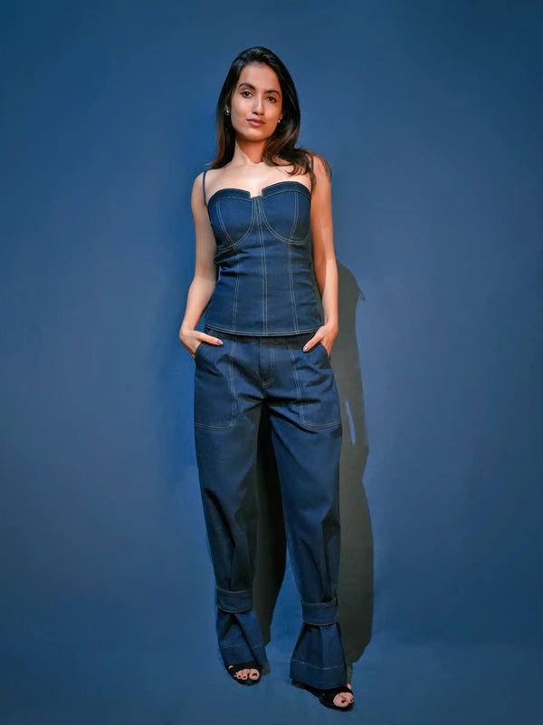 Denim Corset & Wide Leg Trousers Coord Set