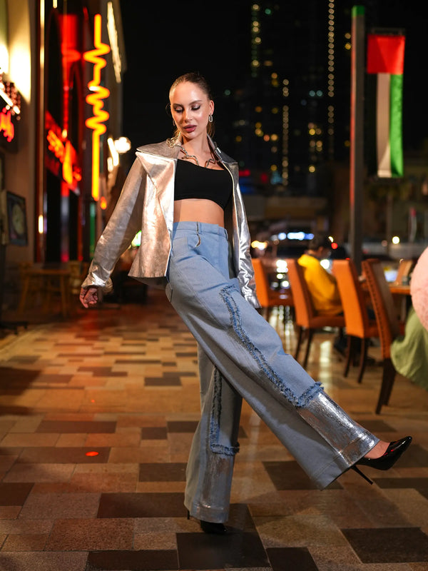 Blue Denim Wide Leg Loose Patchwork Pants